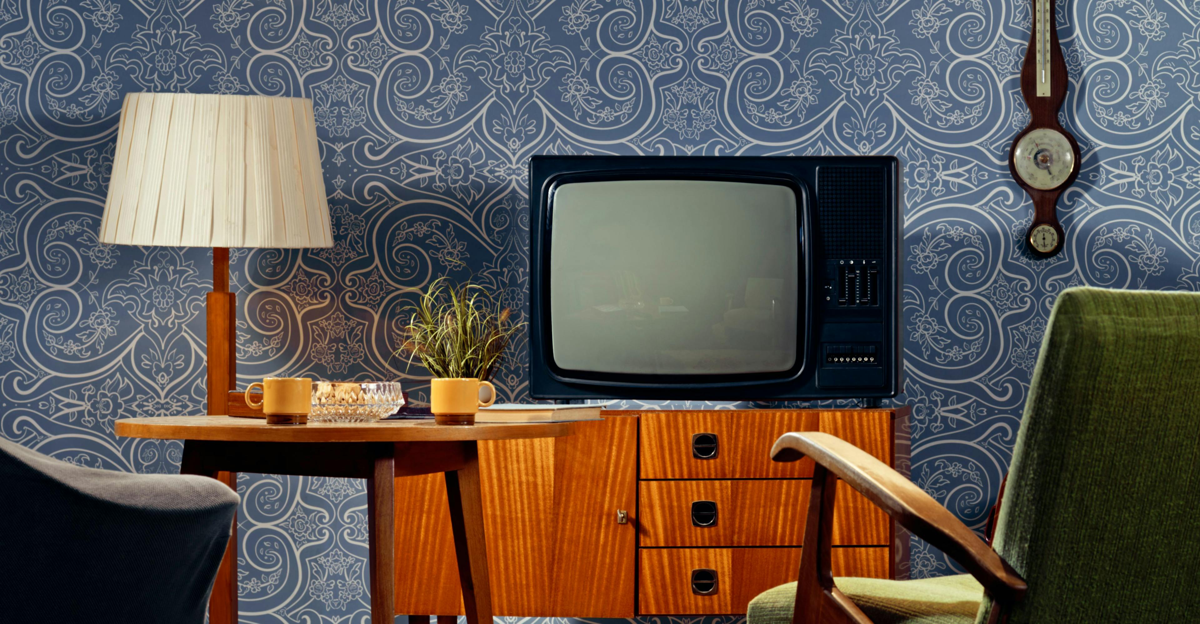 A classic TV set in a midcentury modern living room 