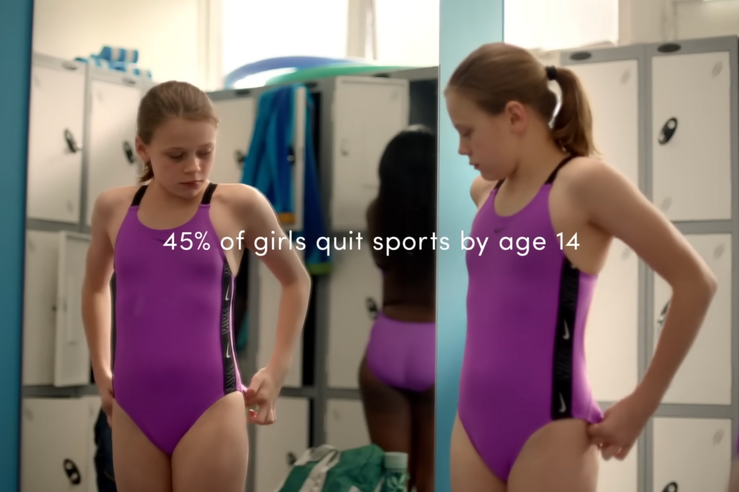 A girl in a purple bathing suit looks at herself in the mirror of a locker room overlaid with the text "45% of girls quit sports by age 14"