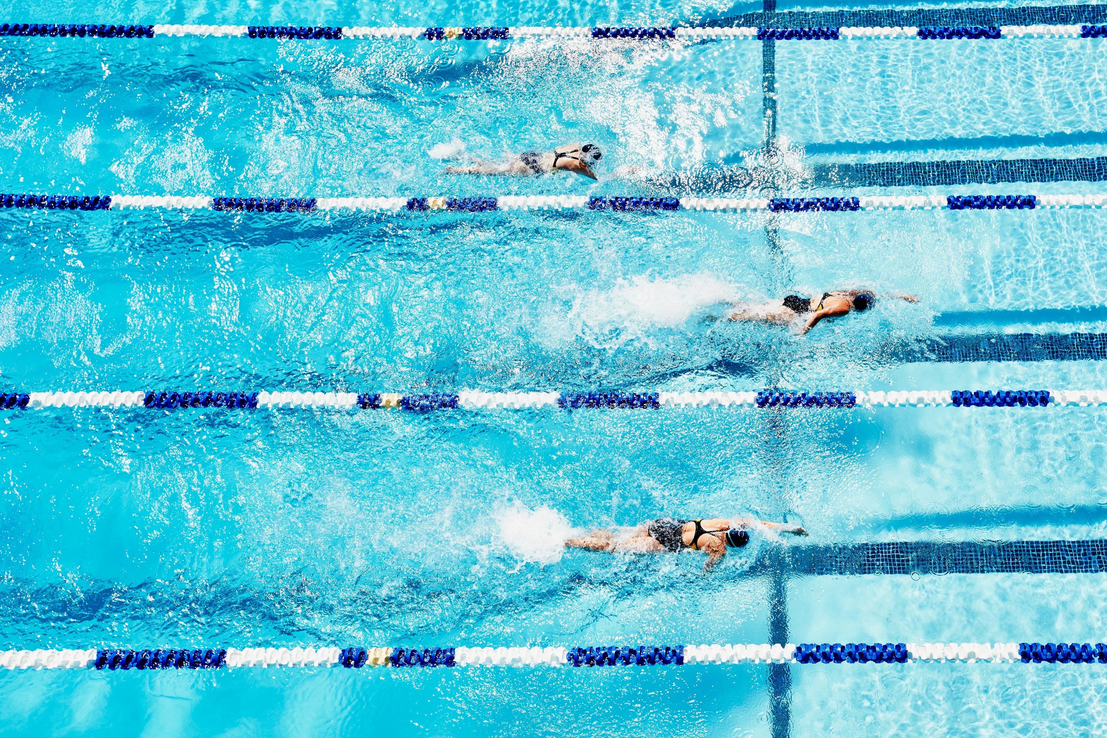 Competitive swimmers racing in an outdoor pool