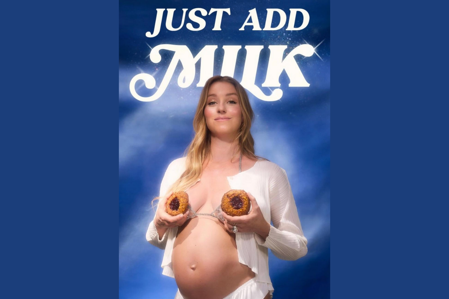 Molly Baz posing with lactation cookies in an ad for the brand Swehl that was temporarily pulled from Times Square