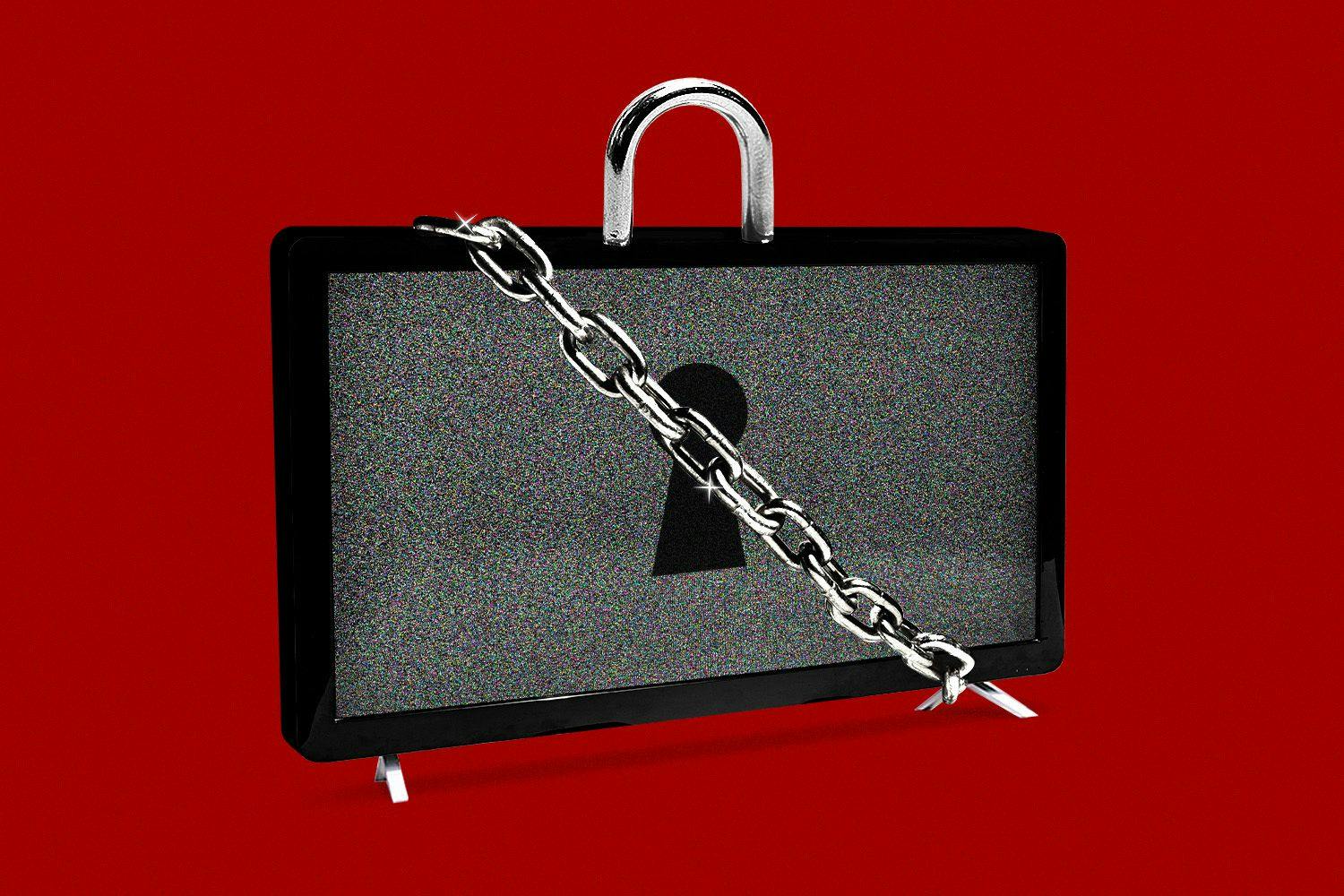 a TV screen with a lock and chain over the front