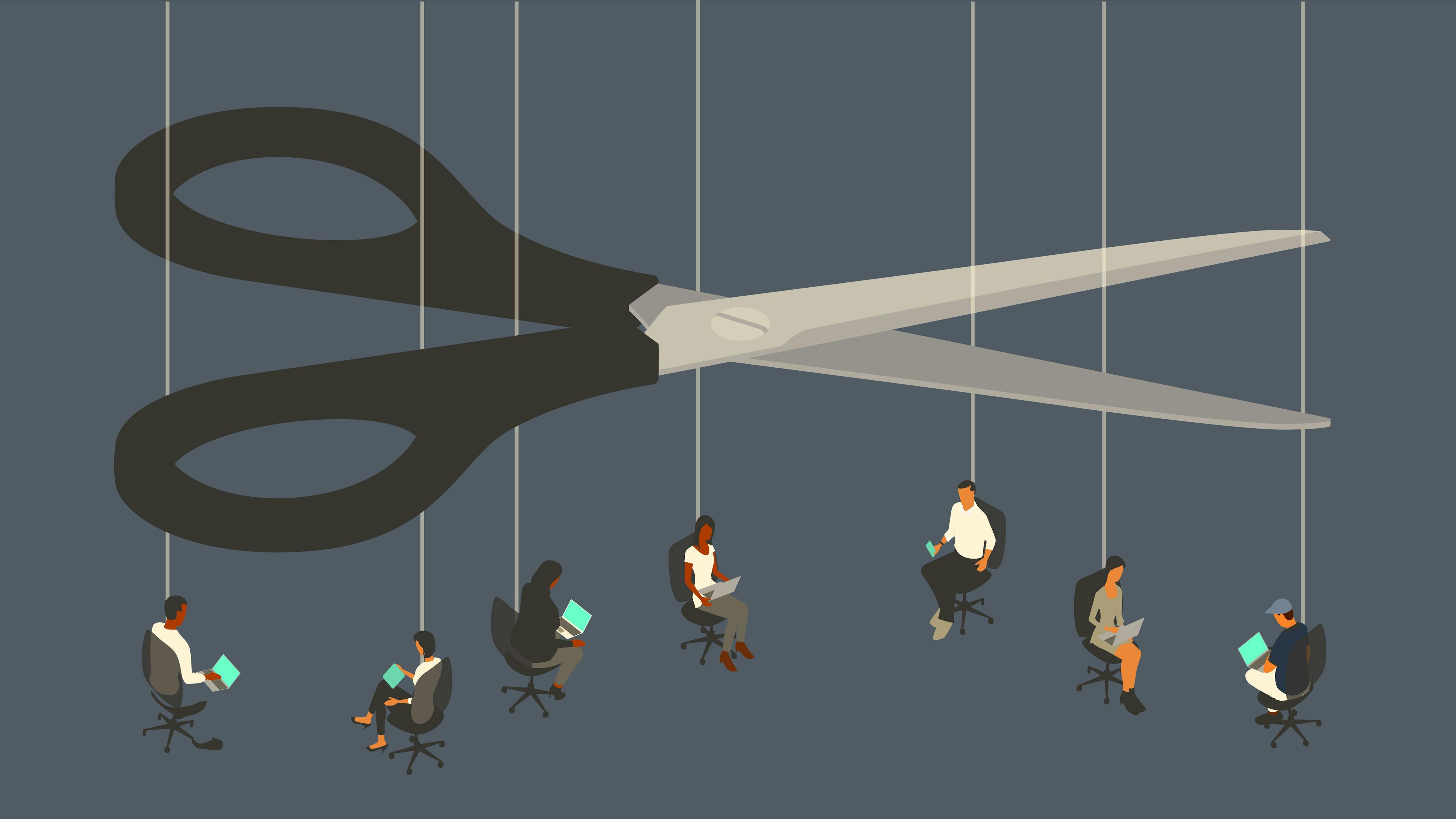 An oversized pair of scissors, that looms over seven workers sitting in office chairs suspended by strings.