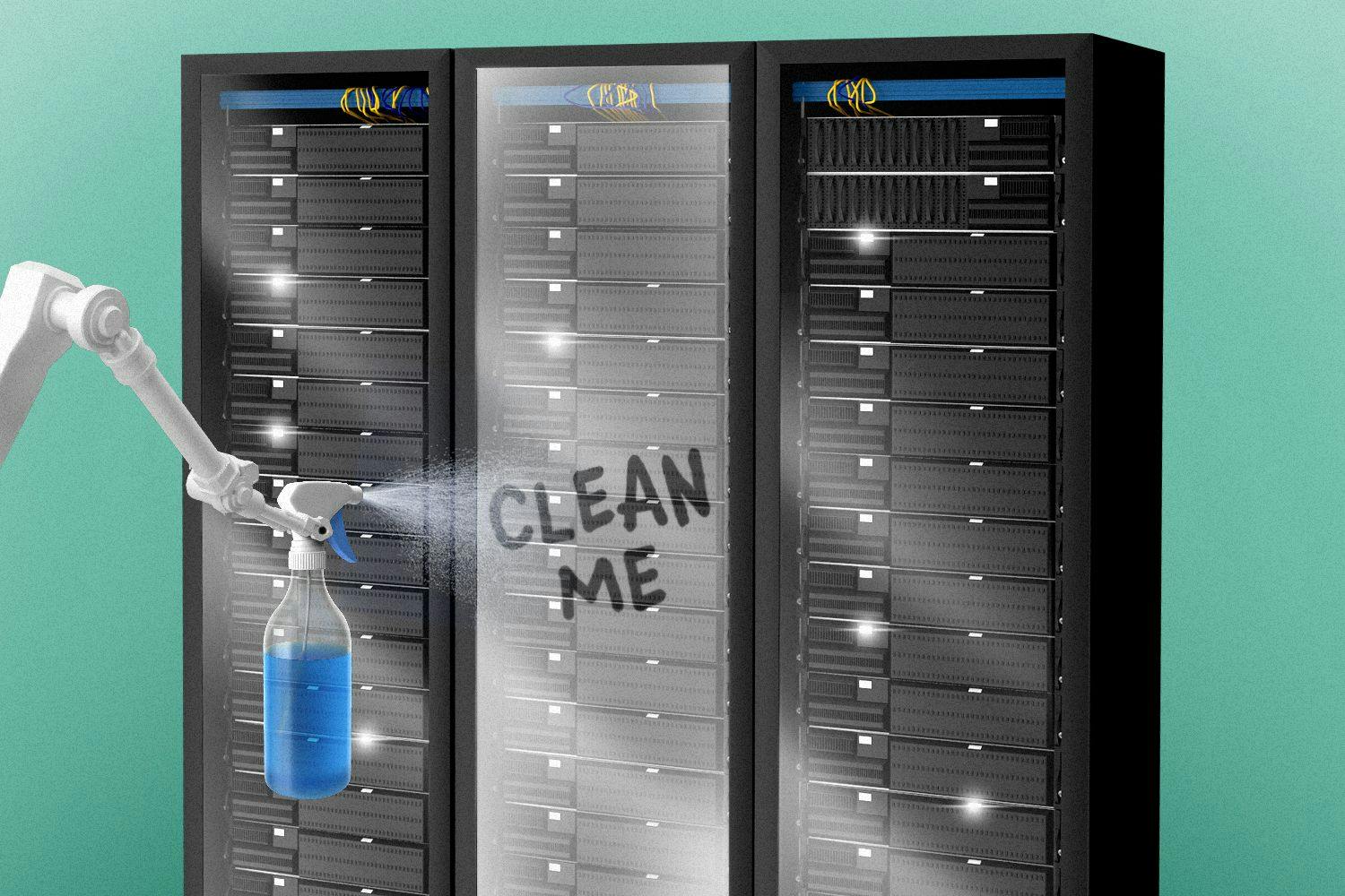 picture of data with "Clean Me" written on it + bottle of cleaner in front of it