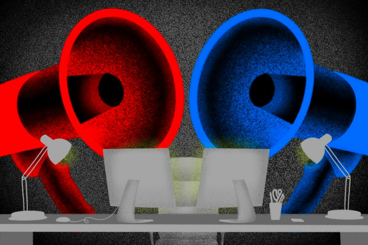Illustration of two computer monitors with giant blue and red megaphones beside them.