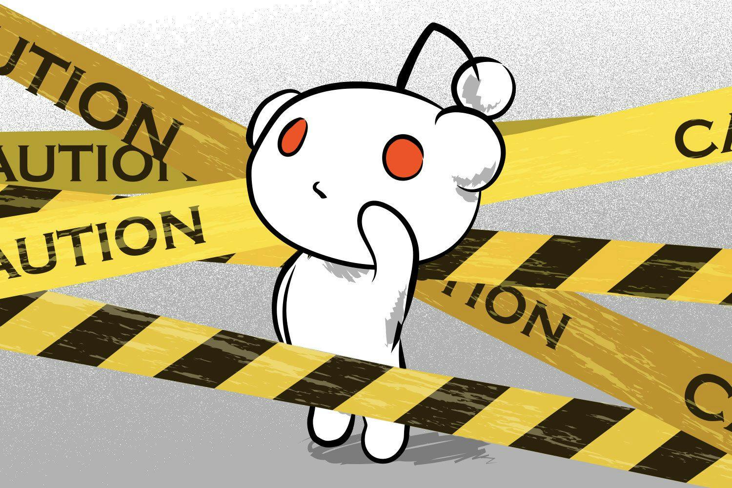 the Reddit mascot Snoo in front of caution tape
