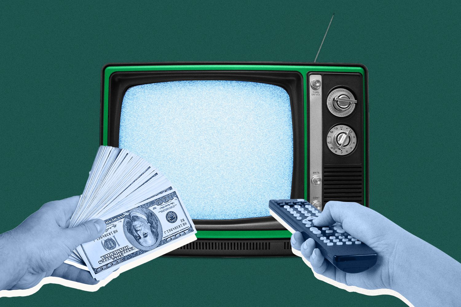A left hand holding stacks of $100 dollar bills and a right hand pointing a TV remote at a retro TV