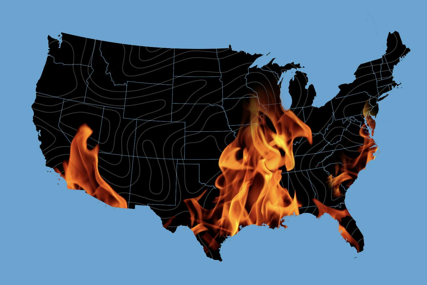 A map of the US showing the "Extreme Heat Belt" on fire