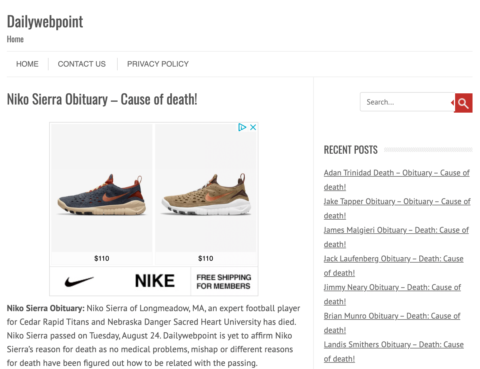 a Nike ad on a fake obit site