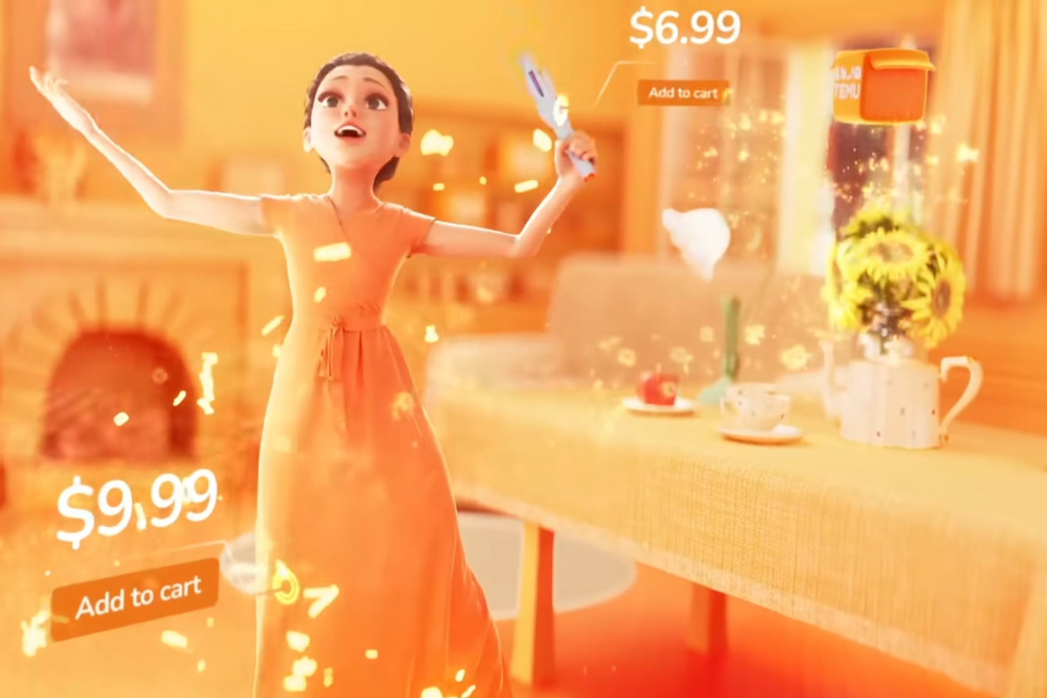an animated woman in an orange dress in a Temu commerical that aired during the Super Bowl