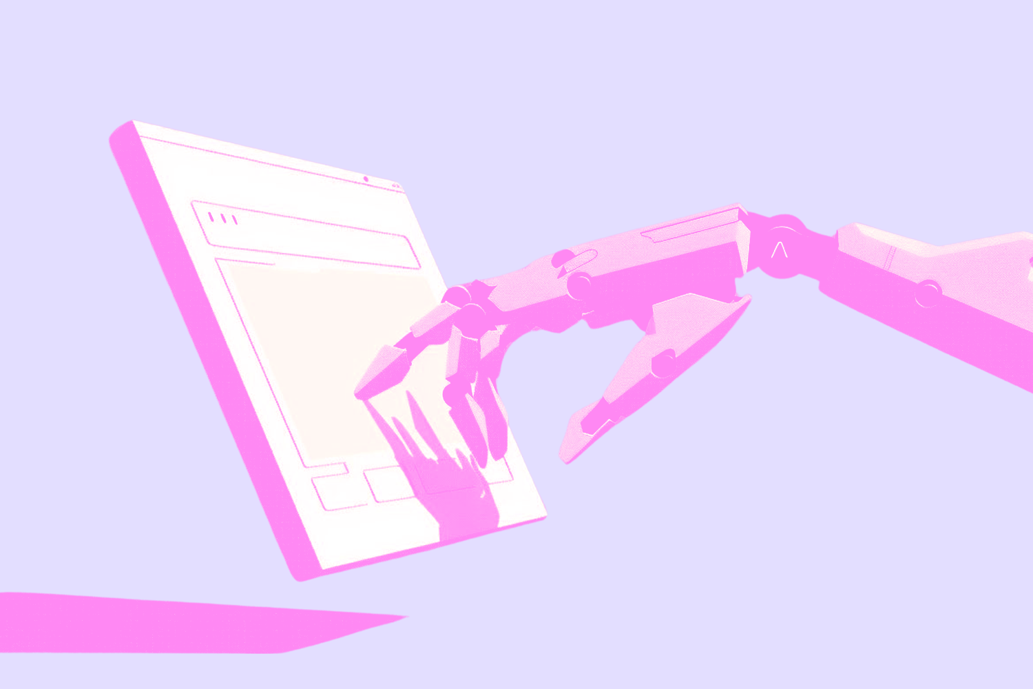An AI robot arm reaching out and touching a web browser screen displaying a search query