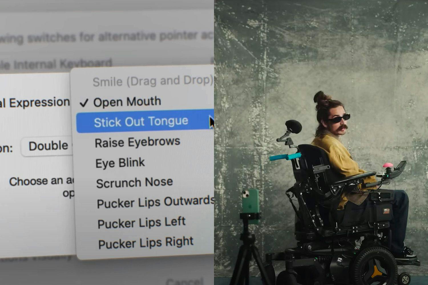 image from Apple's "The Greatest" ad. on the left is a dropdown menu featuring the option "stick out tongue" being highlighted. on the right is a picture of a man in sunglasses and a yellow sweatshirt in a wheelchair posing for a photo
