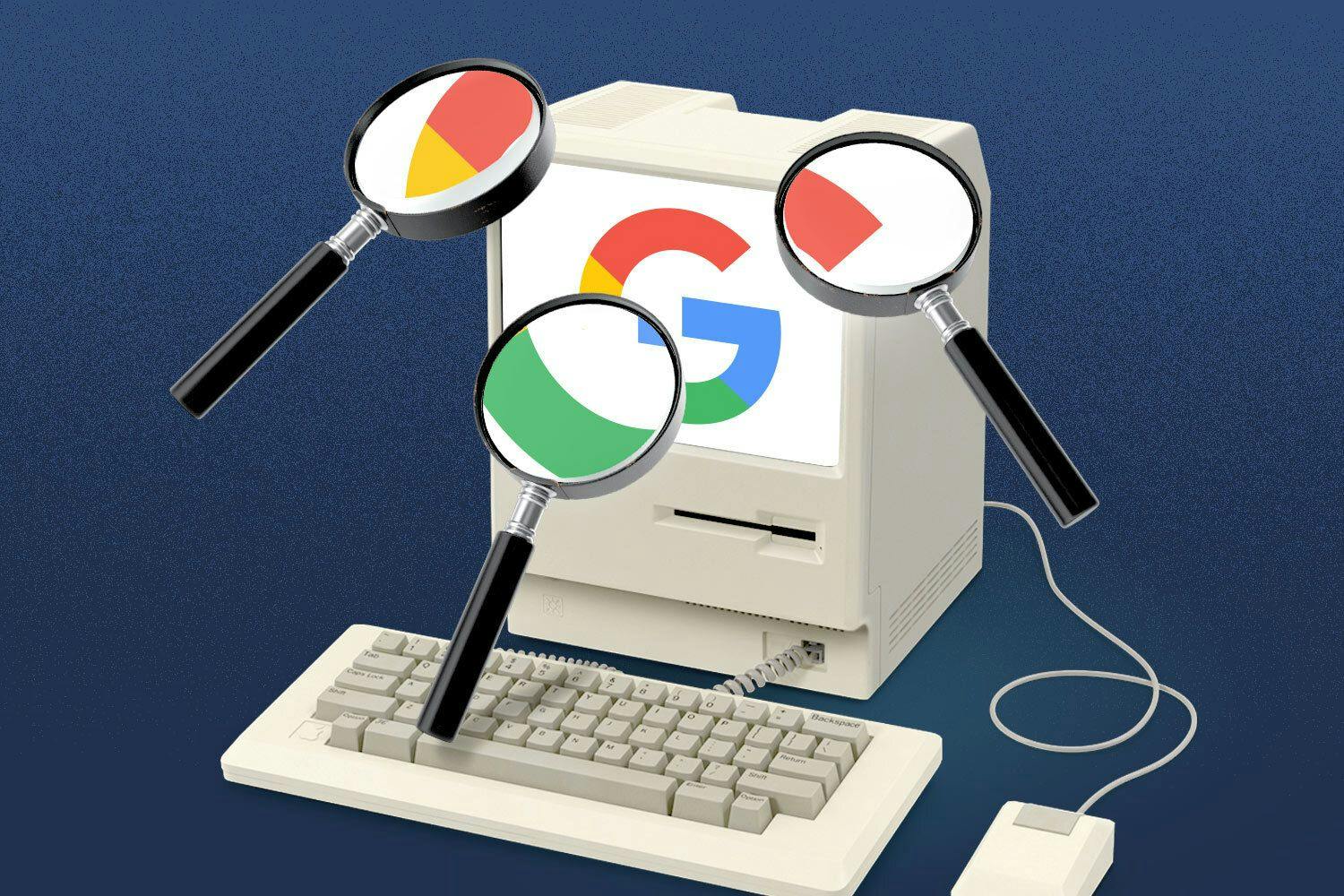 Magnifying glasses examining a computer with the Google logo