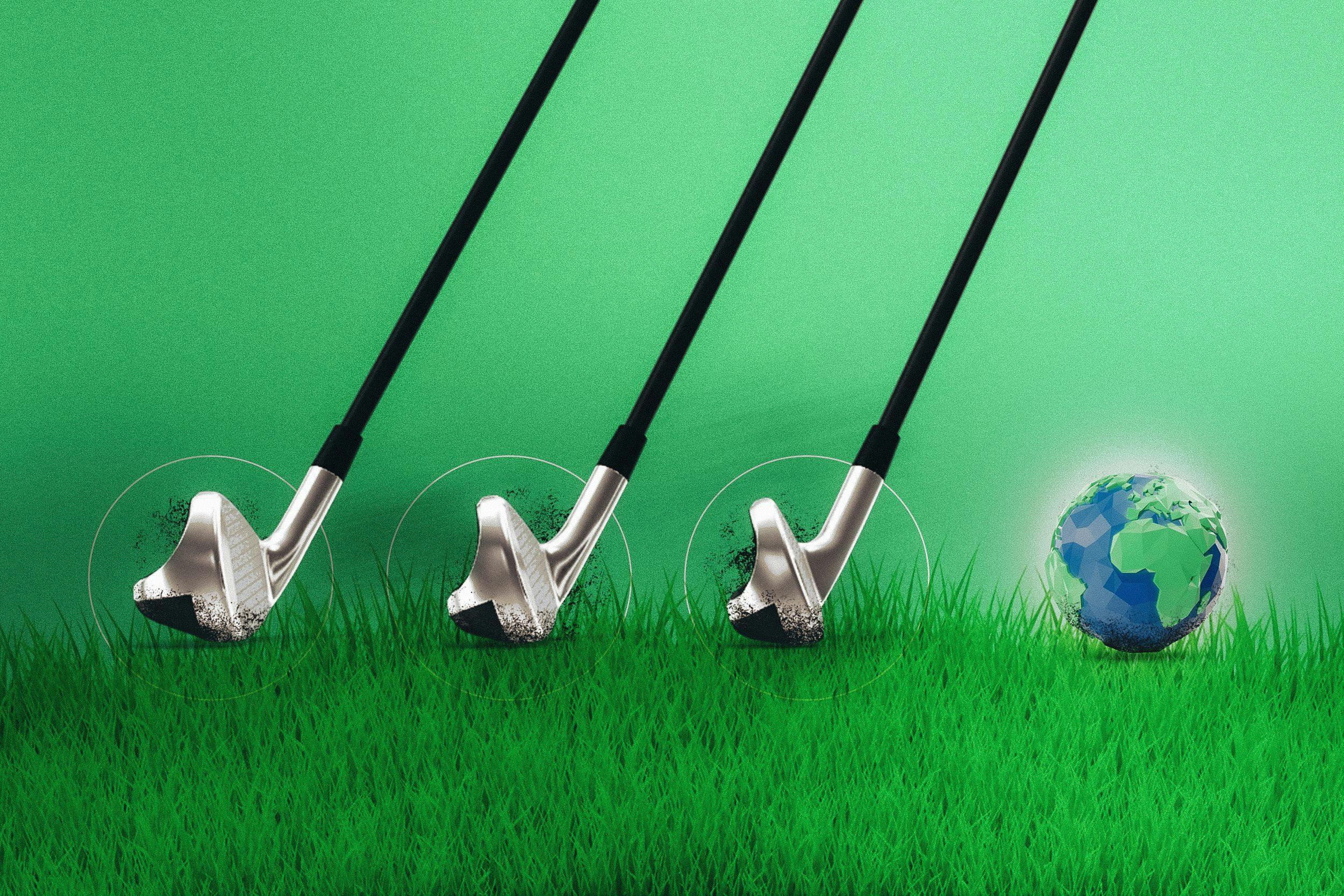 three golf clubs about to hit a golf ball that looks like planet earth on grass