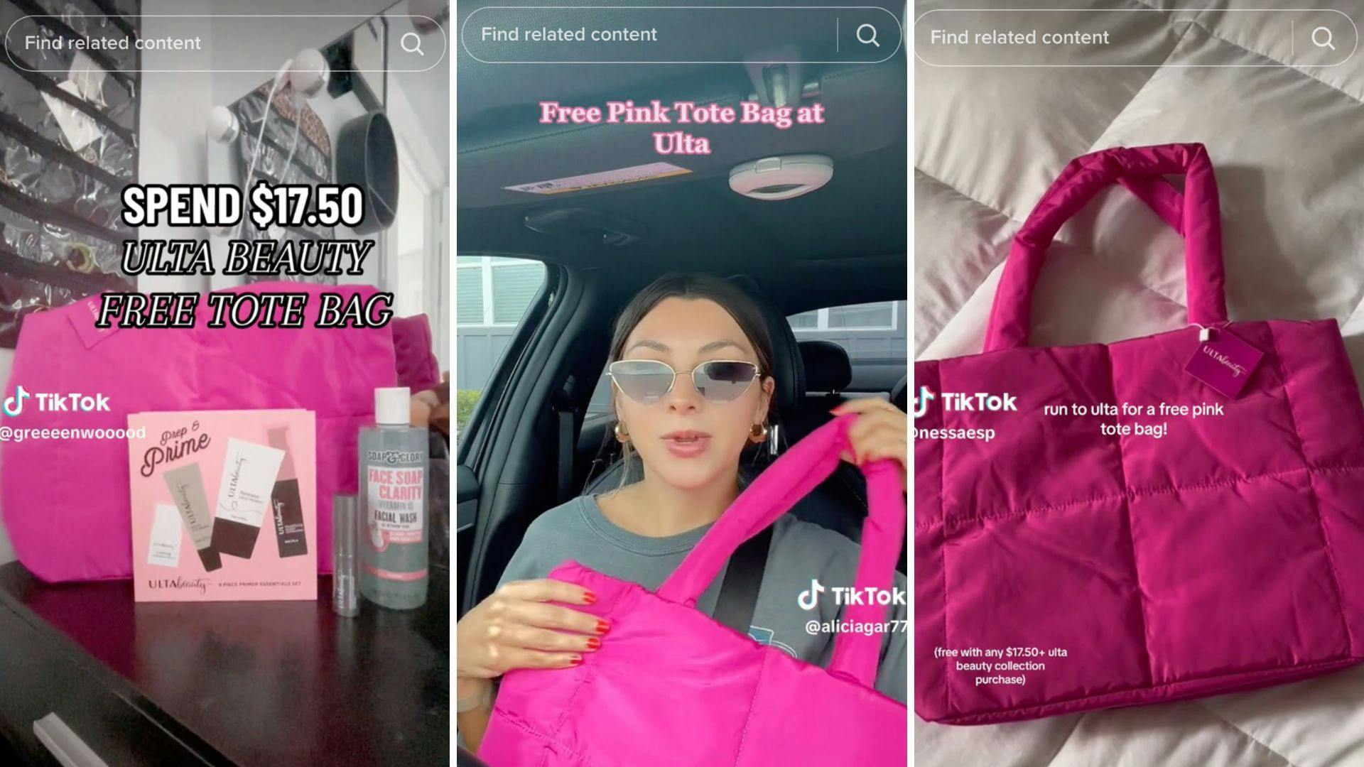 images of people on TikTok talking about free pink Ulta bag