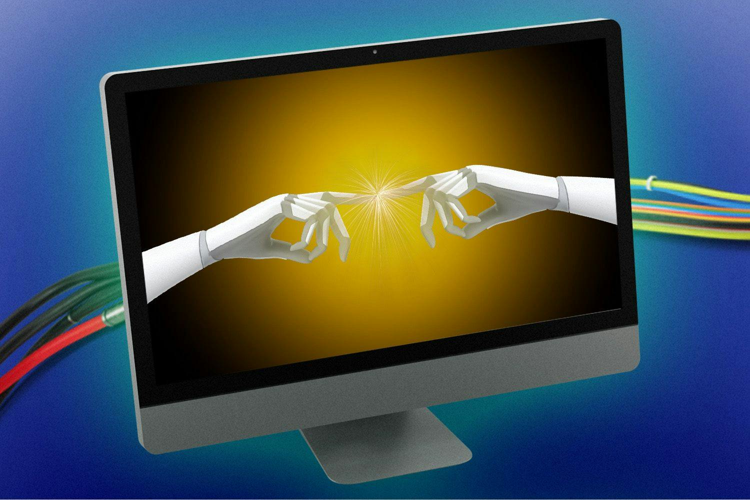 a computer featuring two hands touching, each with wires behind them