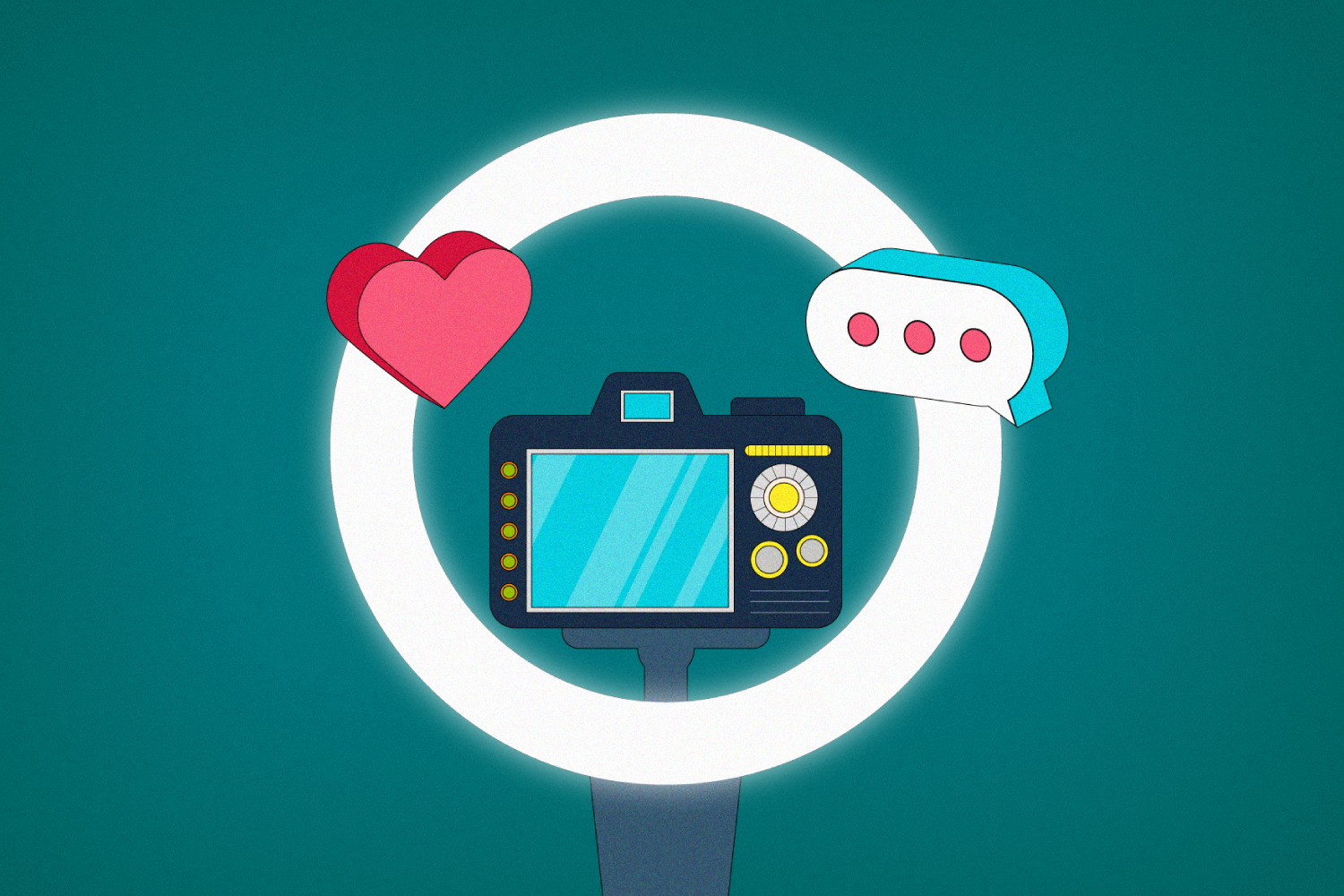 A heart and a text bubble on top of a ring light with a DXLR camera in the middle on a green background