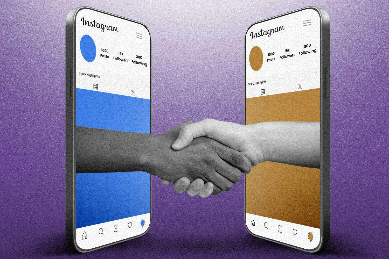 two phones with IG screens on them, hands coming out of each phone to shake hands