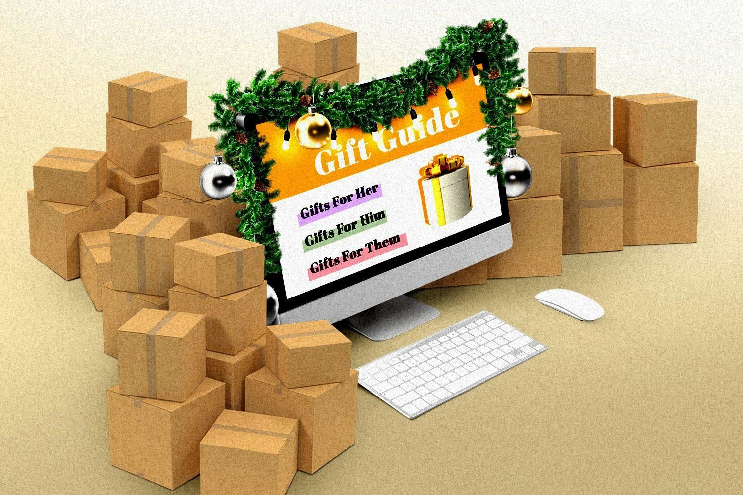 a computer screen that says "Gift Guide" surrounded by boxes