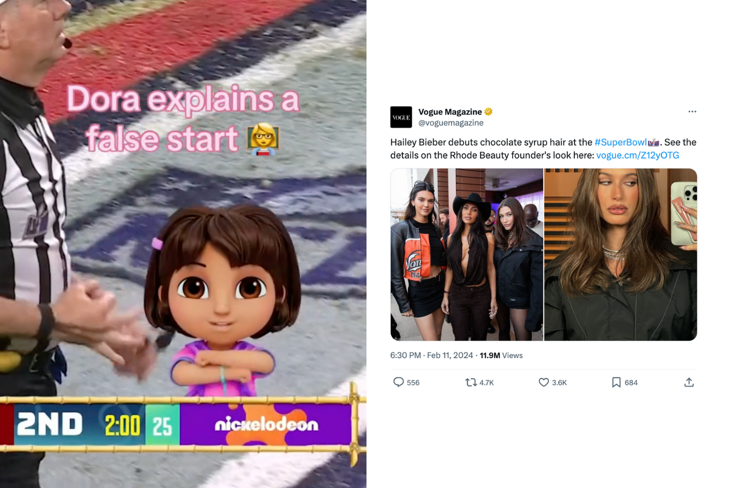 Dora from Dora the Explorer explaining a false start penalty during the Super Bowl in a TikTok video posted by the NFL, and a tweet from Vogue magazine describing Hailey Bieber's "chocolate syrup hair"