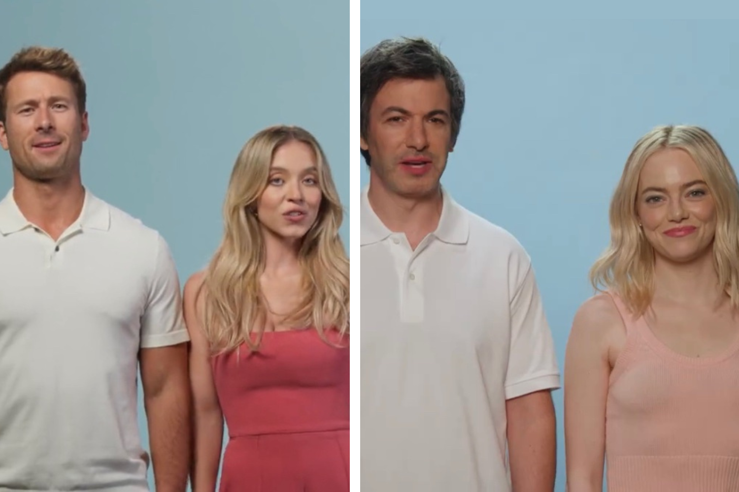 A still from a promo video for Anyone But You with actors Glen Powell and Sydney Sweeney next to a still from a similar-looking parody video from Nathan Fielder and Emma Stone