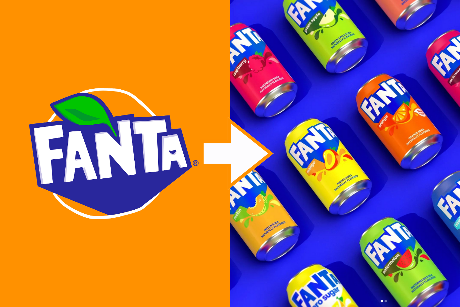 On the left, the original Fanta logo; on the right, Fanta's rebranded logo appears on soda cans