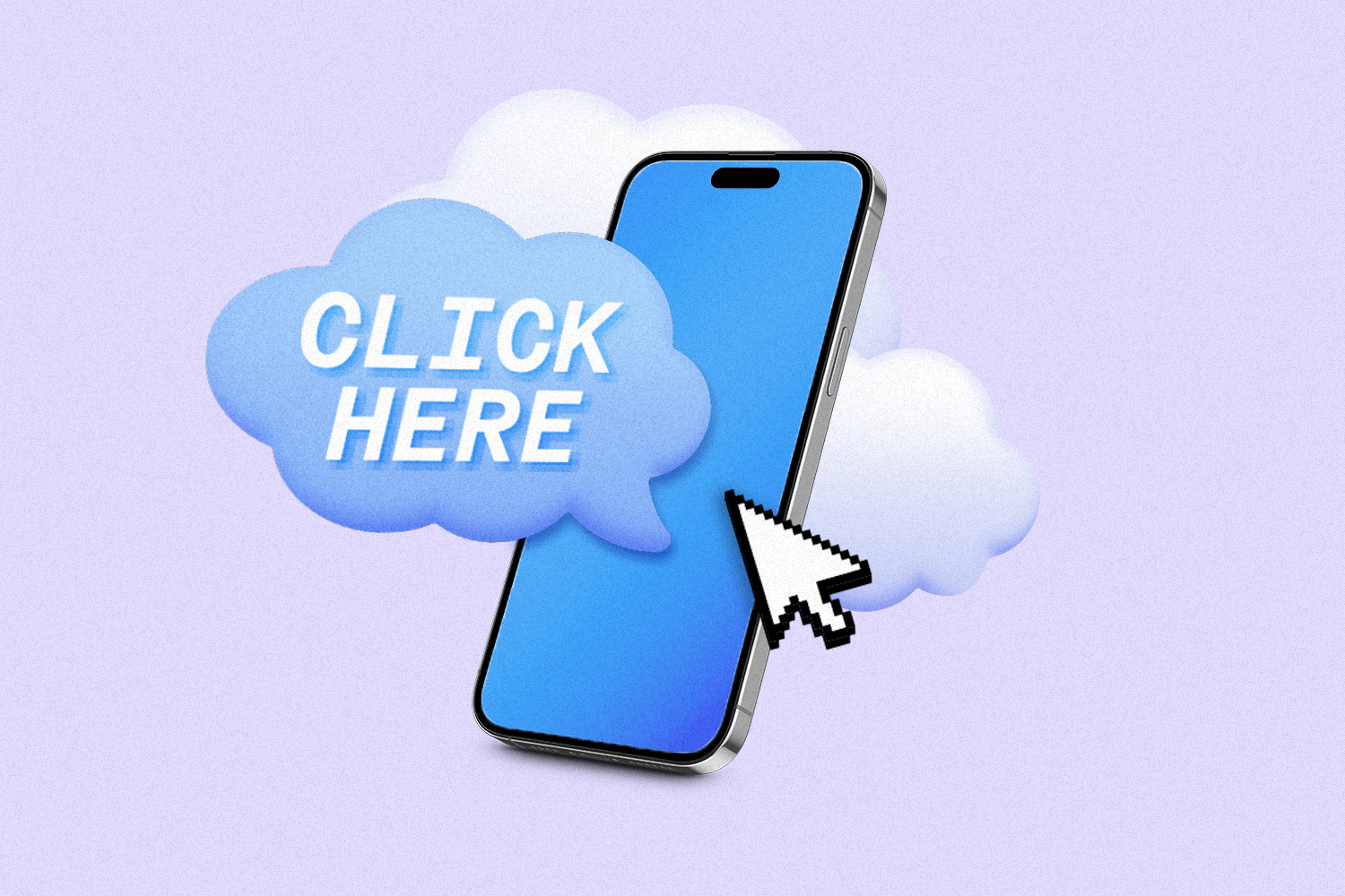 A smartphone with a word cloud coming out of the screen with "Click Here" text on it and a computer mouse pointing to the phone