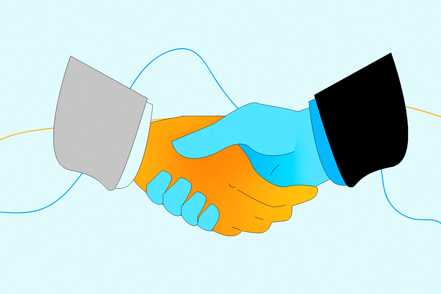 Two shaking hands on a light blue background with two abstract lines