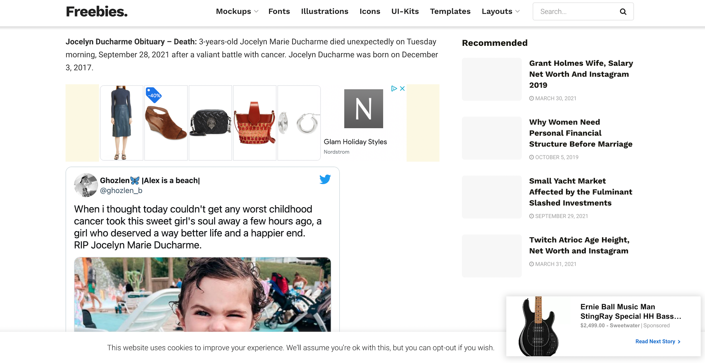 a Nordstrom ad on a fake obituary site 