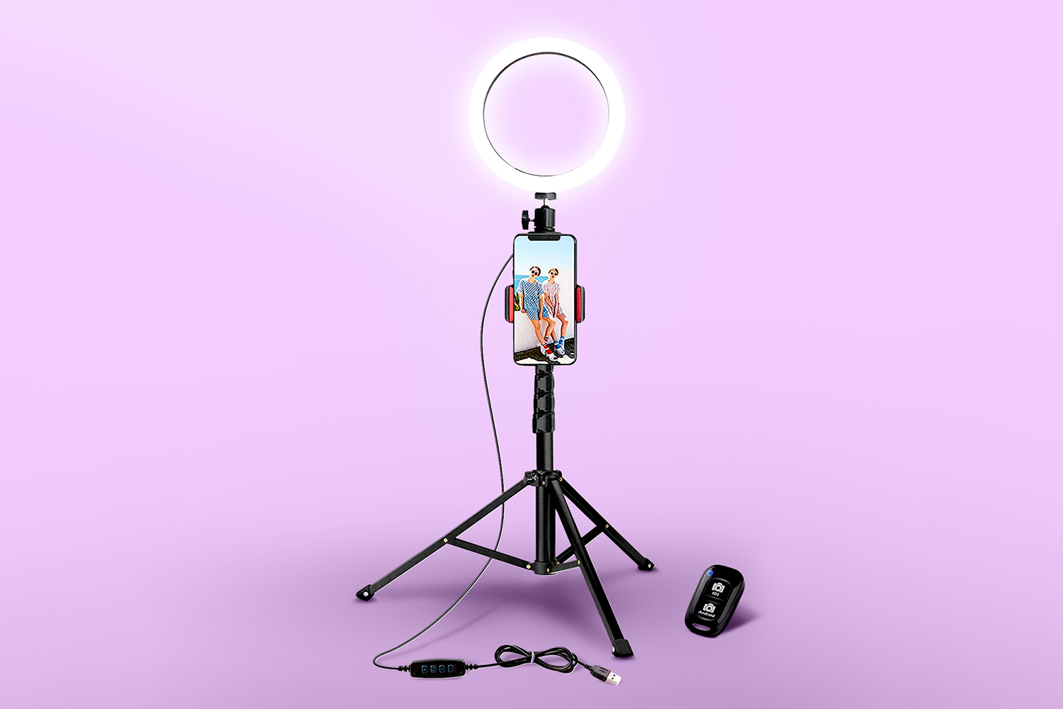 Ring light on top of mobile phone and tripod